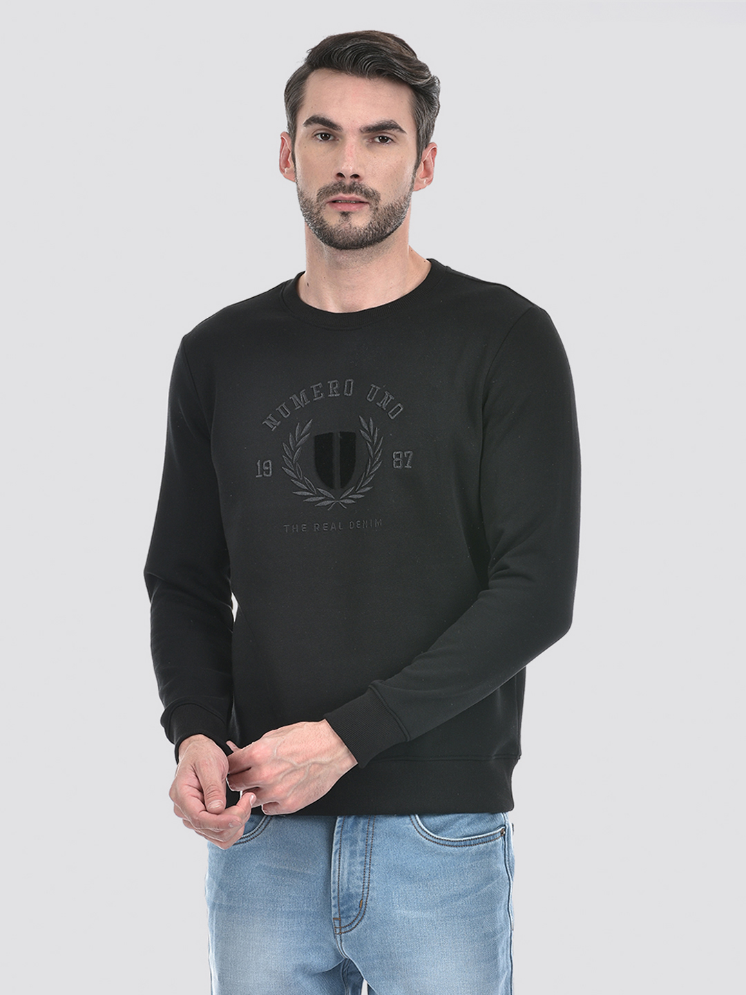 Numero Uno Men Embroidered Black Sweat Shirt